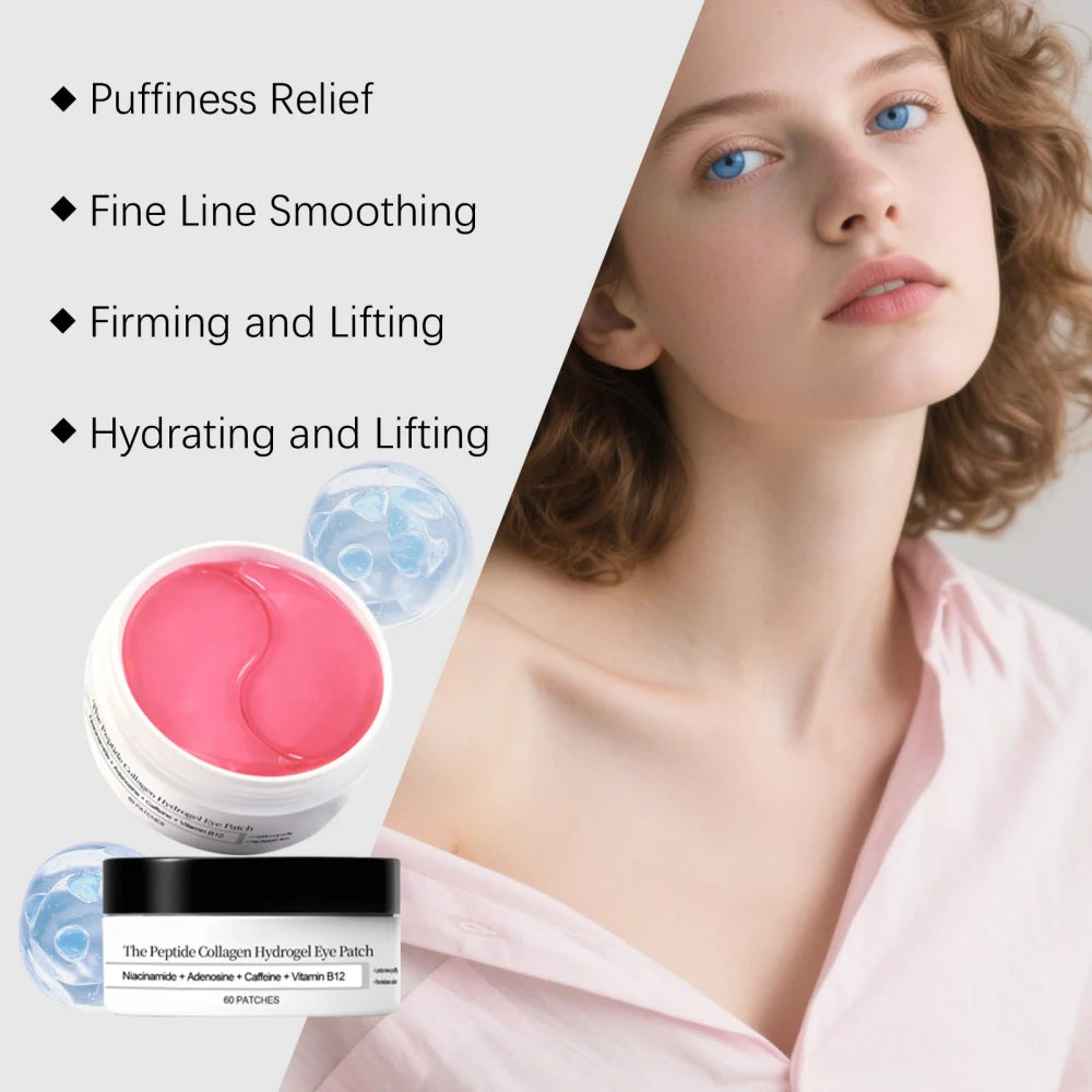 Pink Peptide Collagen Hydrogel Eye Patch, 60 parches contra arrugas para ojos hinchados, ojeras, hinchazón, arrugas y líneas finas, máscaras reafirmantes y descremadas.