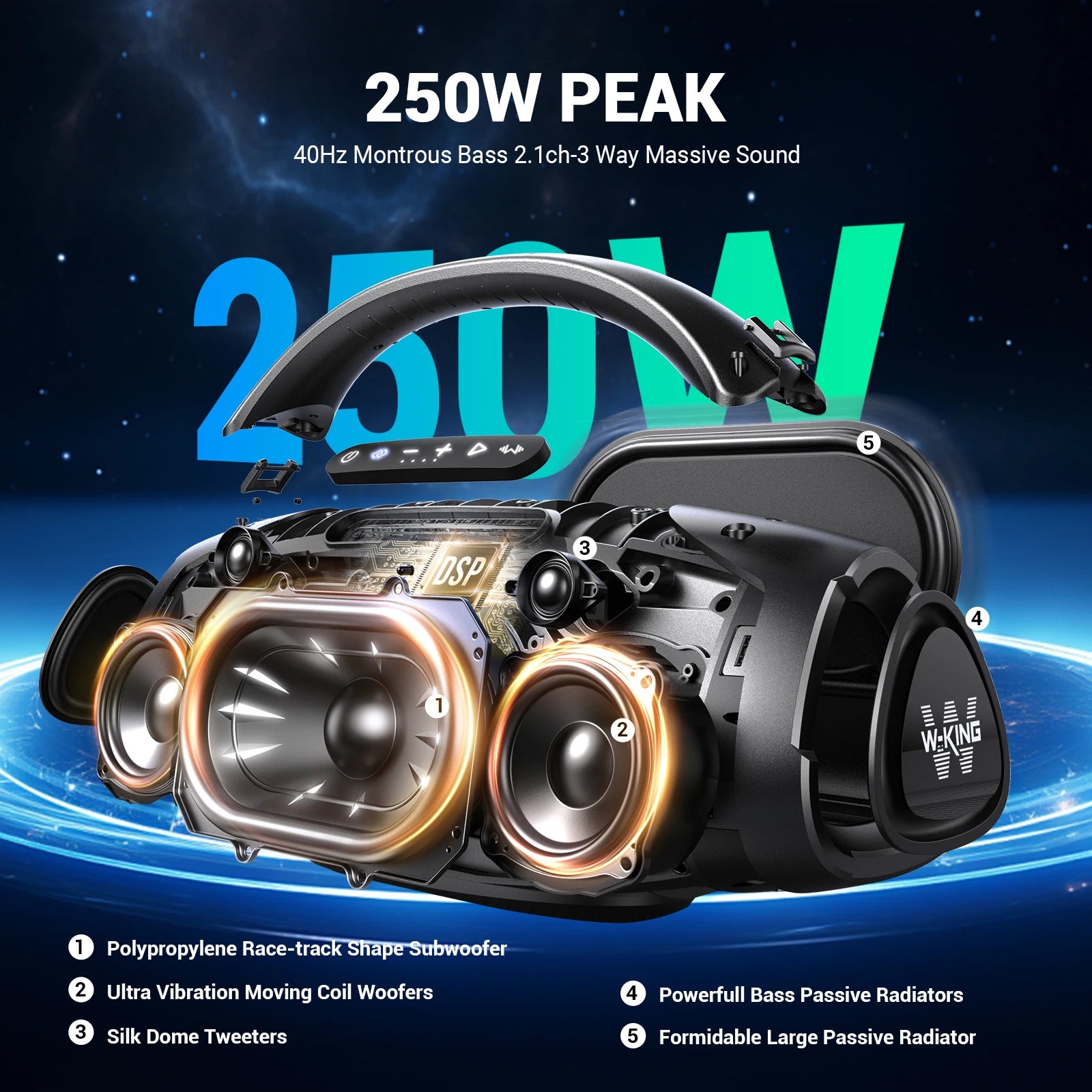 W-KING X20S Bluetooth Speaker w/Strap140W RMS Massive Bass Party Boombox IPX7 Waterproof Speaker Loud Outdoor Portable Sound Box