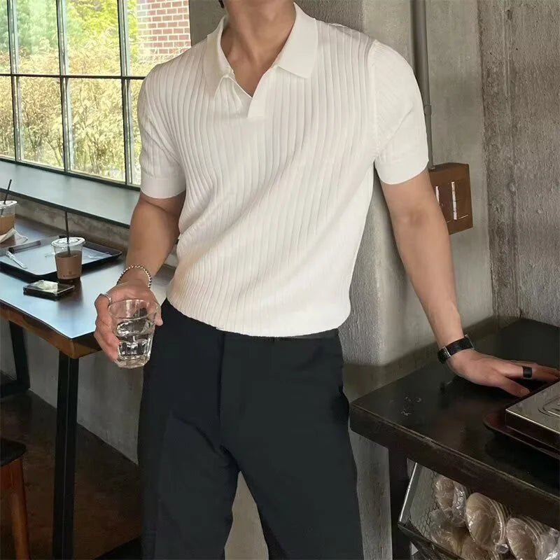 Polo de Manga Corta para Hombre – Tejido Transpirable, Estilo Casual y Deportivo, Rayas, Cuello Solapa