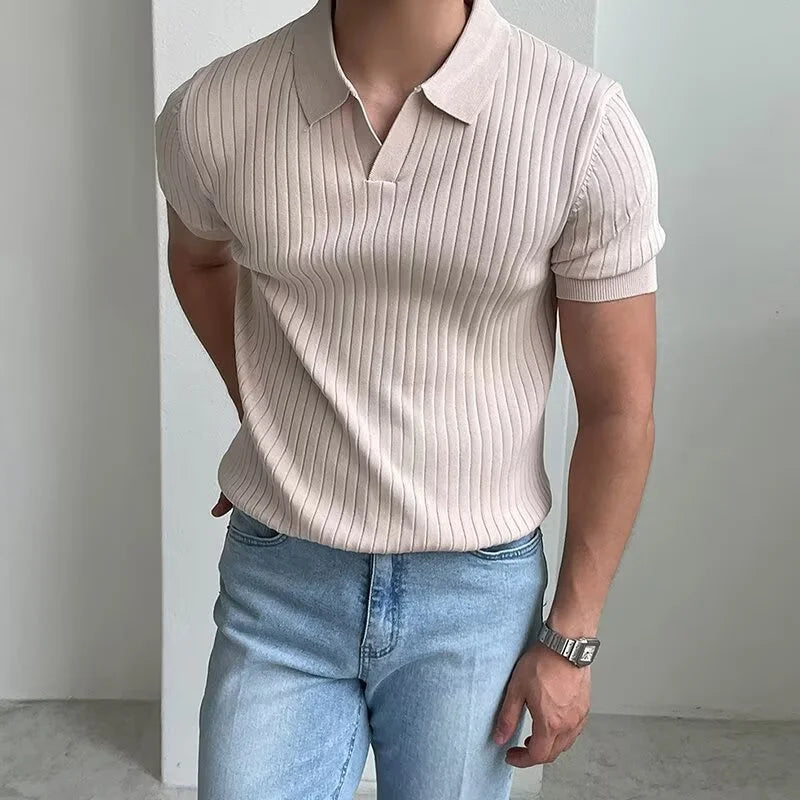 Polo de Manga Corta para Hombre – Tejido Transpirable, Estilo Casual y Deportivo, Rayas, Cuello Solapa