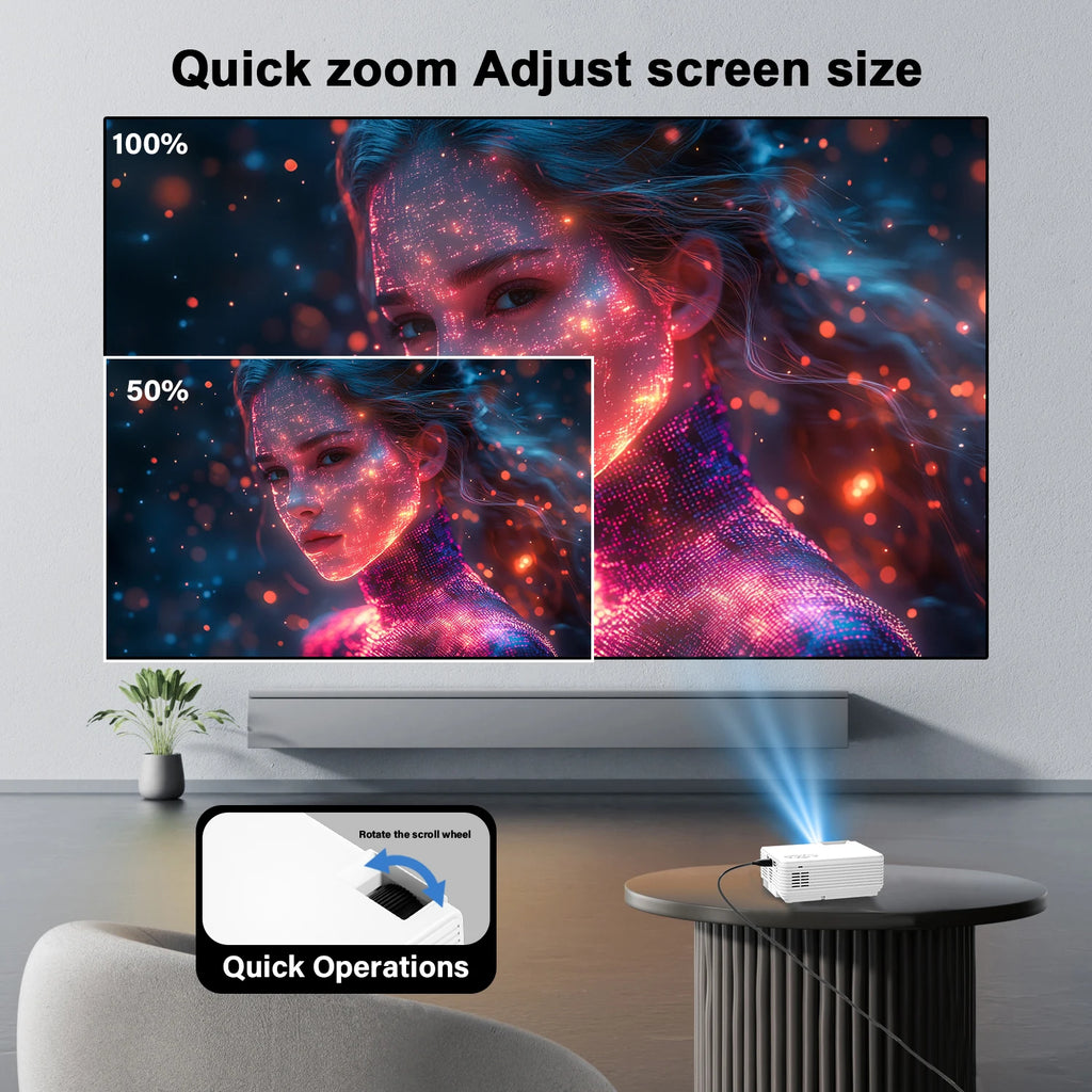 Projector, 4K 1080P Wireless Portable Projector, HDMI & USB, Home Theater for Netflix/Gaming/Karaoke, Indoor Outdoor