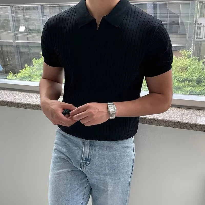 Polo de Manga Corta para Hombre – Tejido Transpirable, Estilo Casual y Deportivo, Rayas, Cuello Solapa